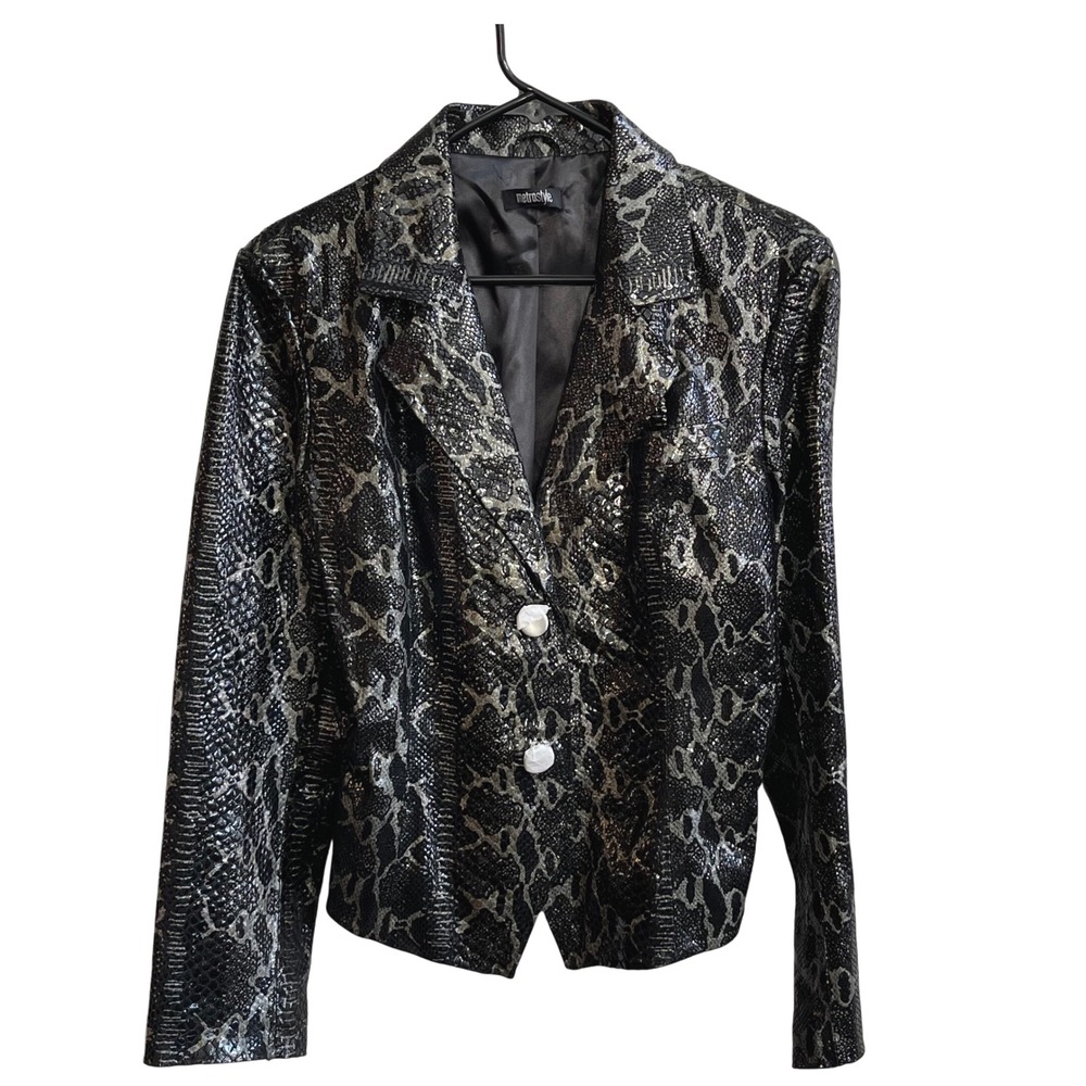 Metrostyle Snakeskin Print Faux Leather Blazer Jacket Women Sz 10 Silver Black